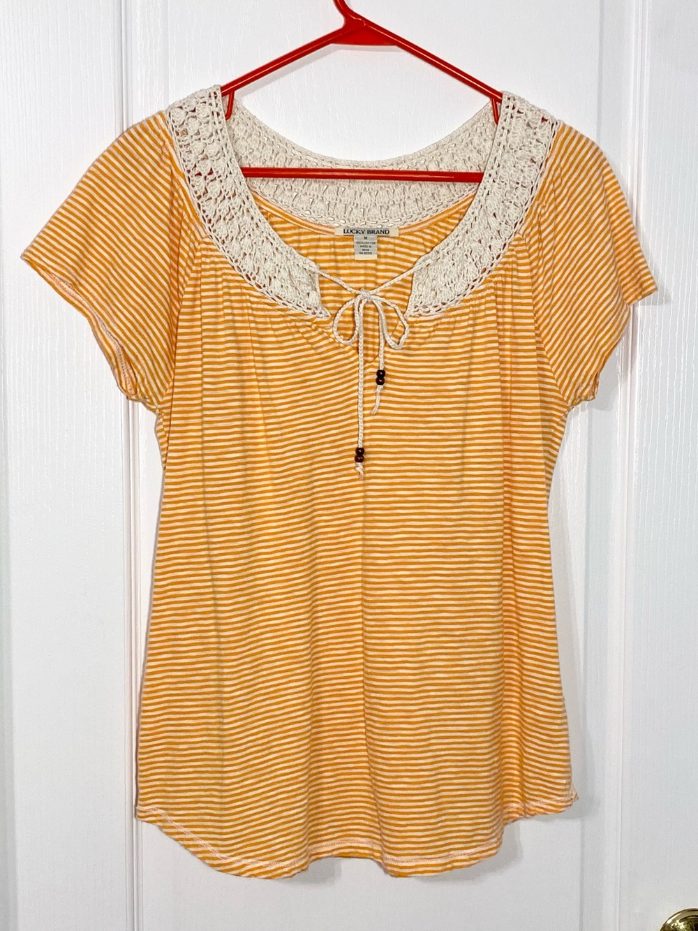 Y2K Lucky Brand Crochet Collar Striped Peasant Top Orange Cream Size Medium